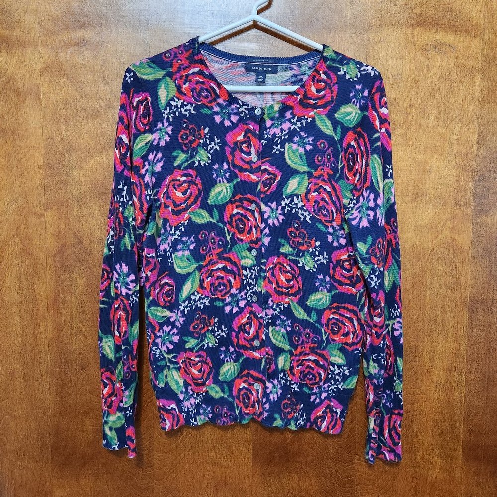 Lands' End Button Cardigan Blue Pink Rose Floral Print
